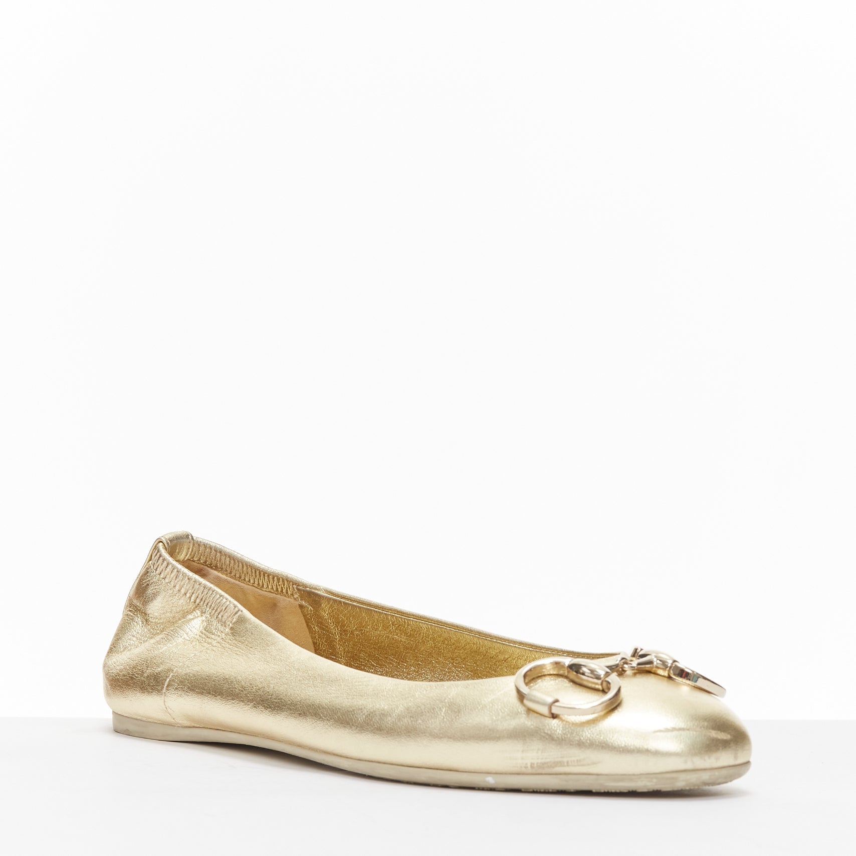 Women's Gucci metallic Horsebbuckle round toe ballerina flats