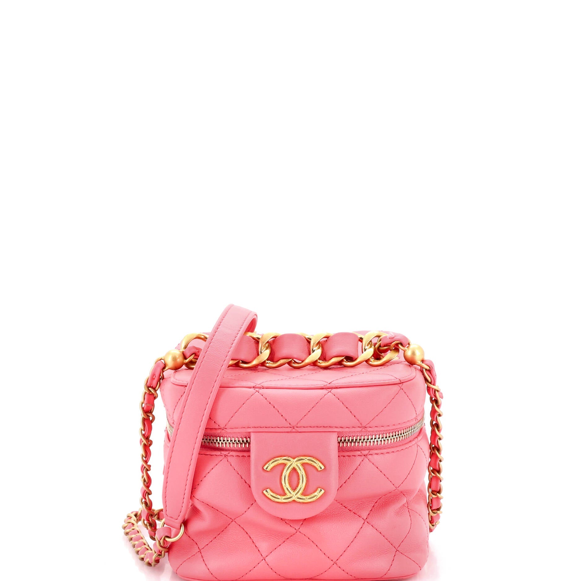 Chain Bar Vanity Case with Chain Quilted Calfskin Small