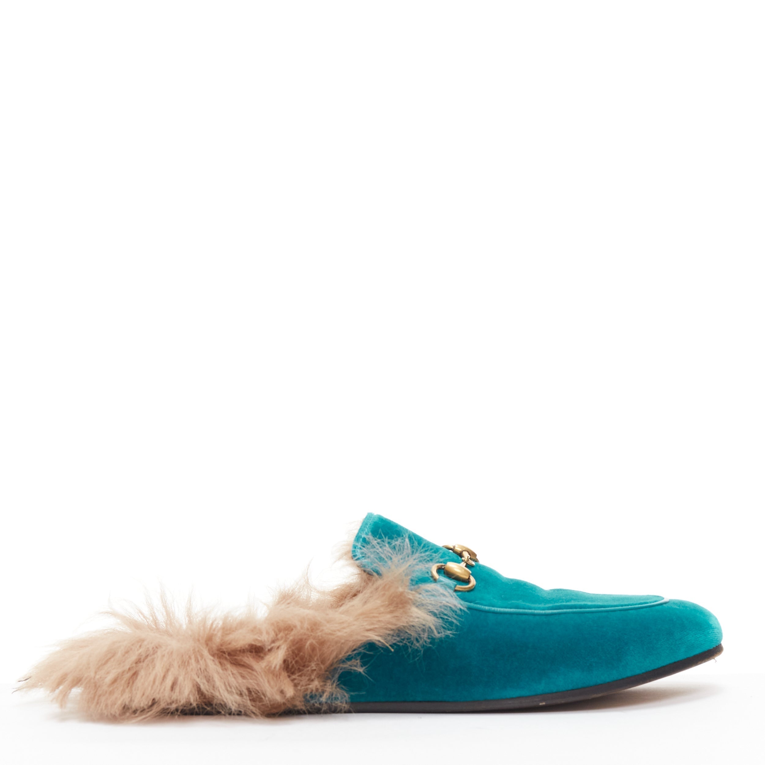 Women's Gucci Princetown velvet horse bbuckle fur lined slide loafers