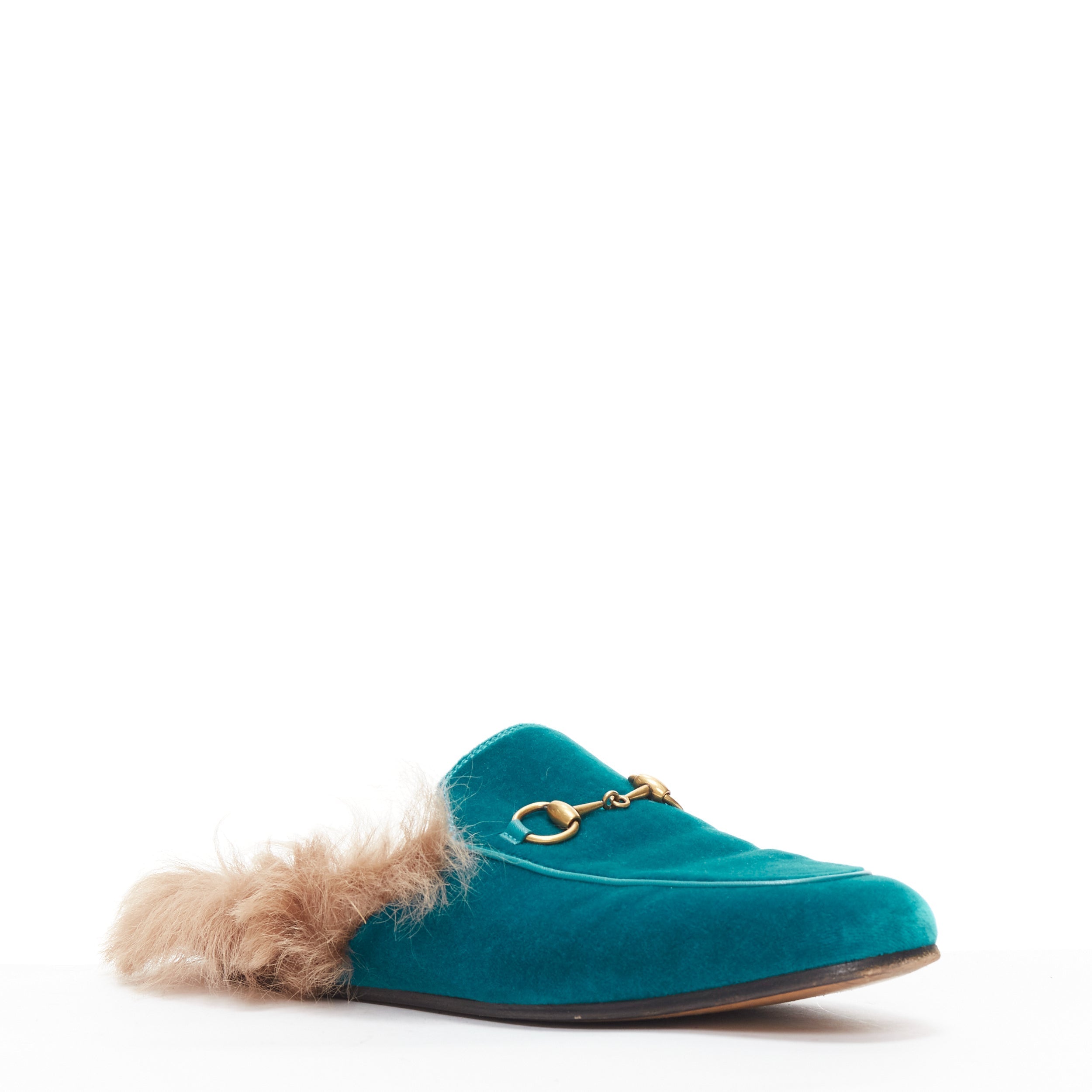 Women's Gucci Princetown velvet horse bbuckle fur lined slide loafers