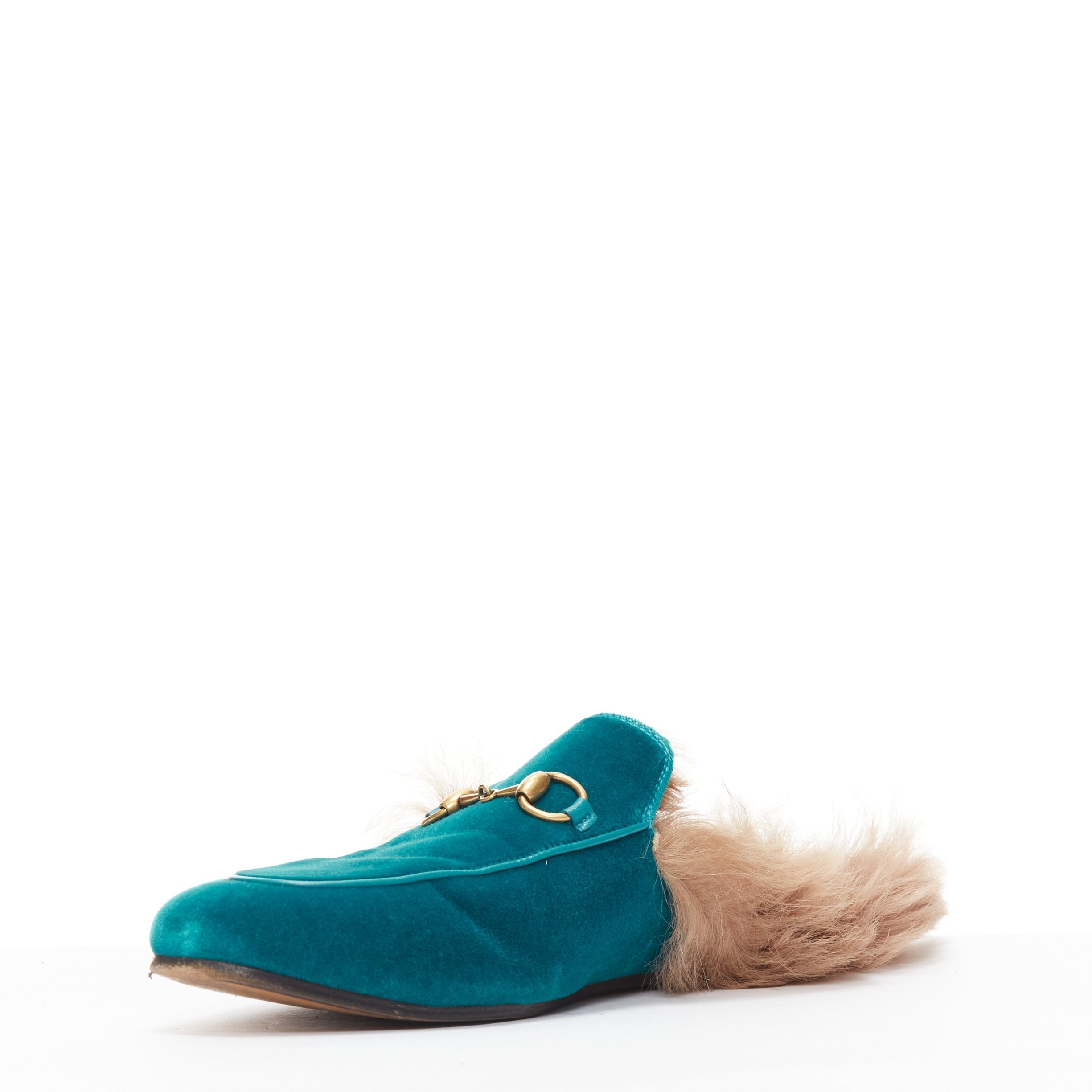 Women's Gucci Princetown velvet horse bbuckle fur lined slide loafers
