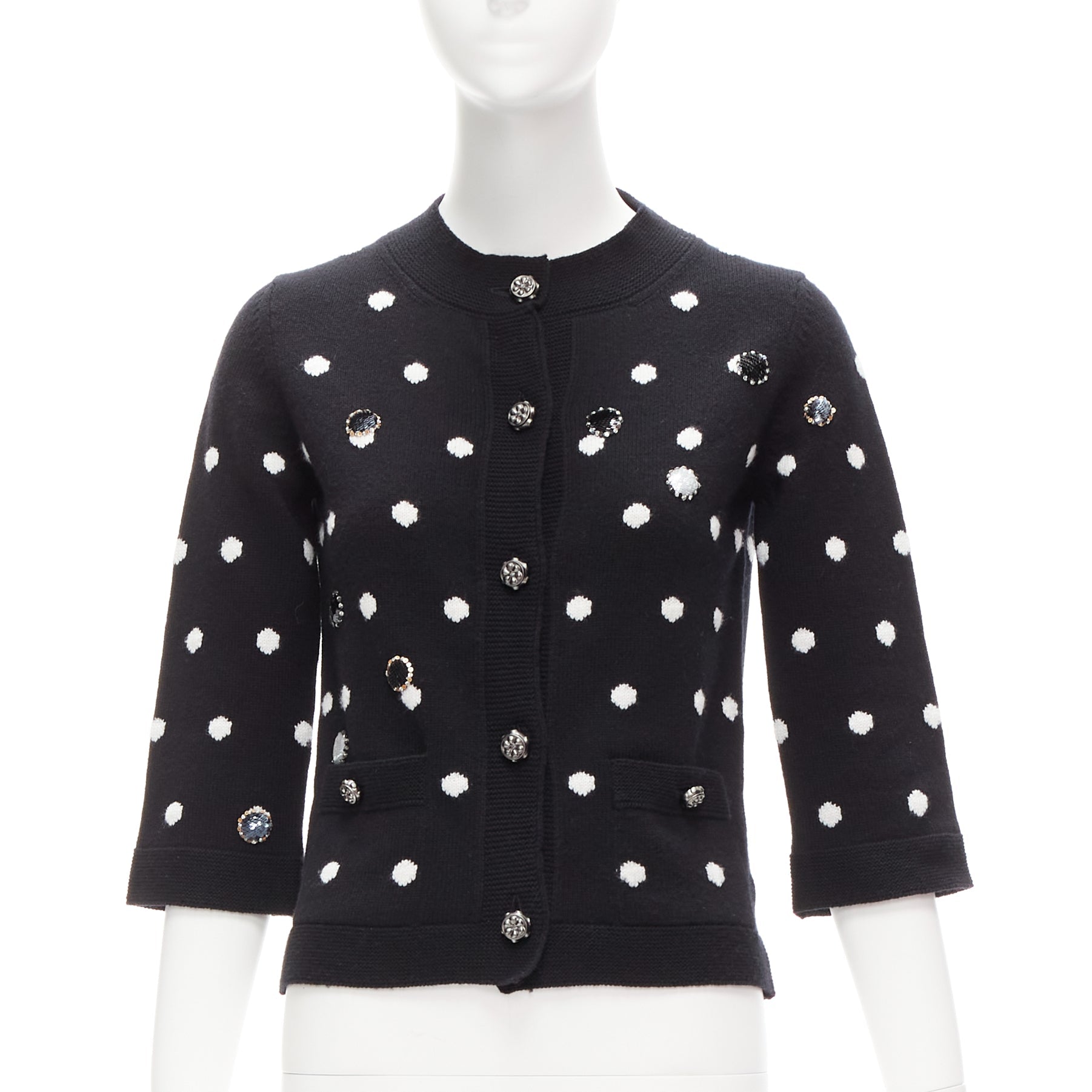Women's Chanel cashmere silver embellished polka dot cardigan