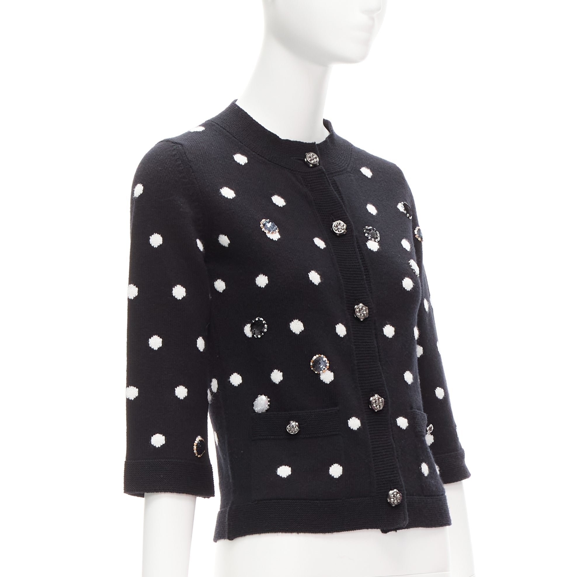 Women's Chanel cashmere silver embellished polka dot cardigan