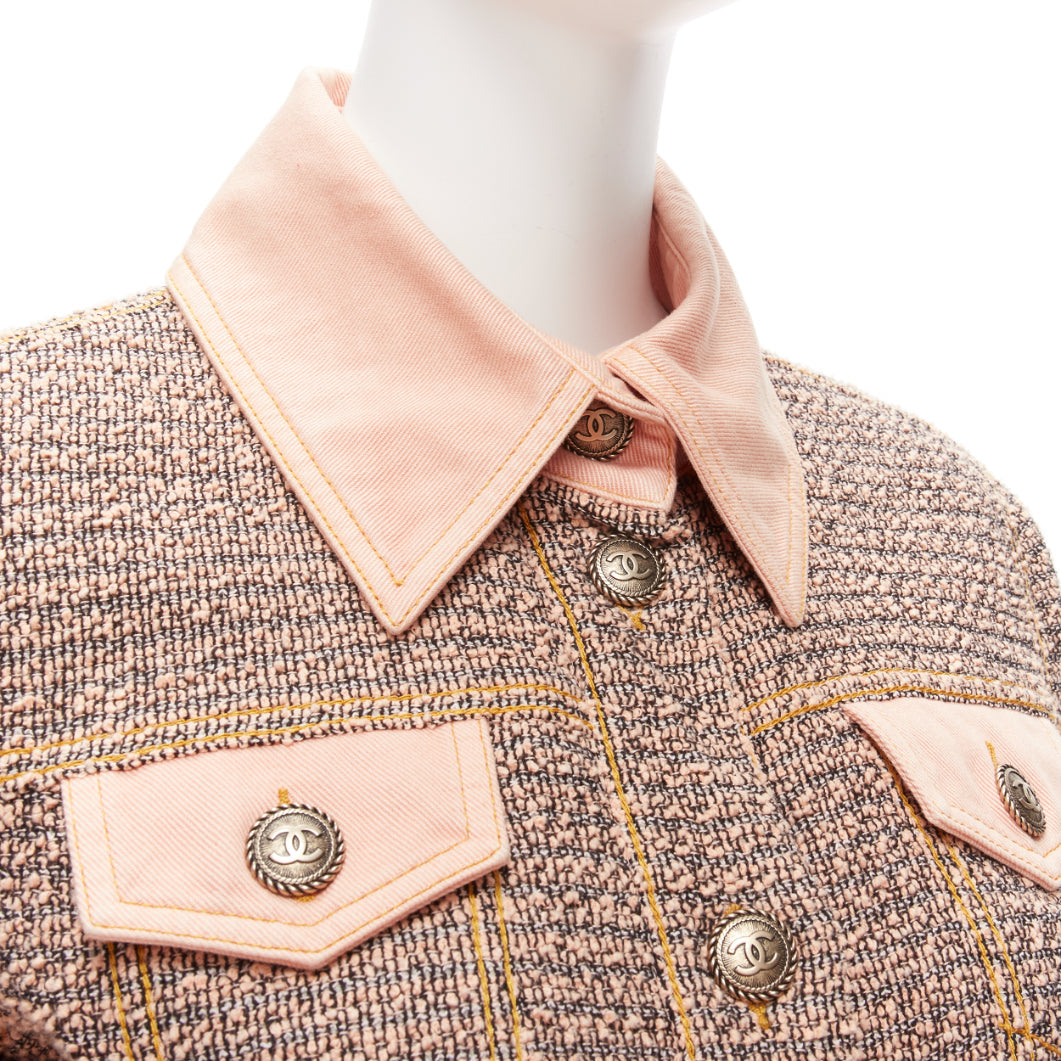 Women's Chanel denim trim tweed button cropped jacket