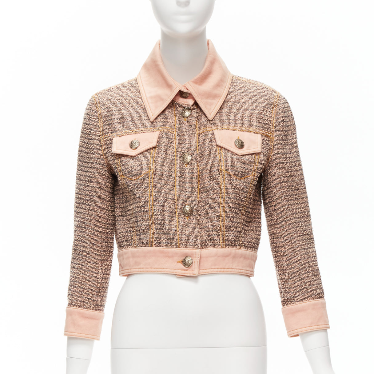 Women's Chanel denim trim tweed button cropped jacket