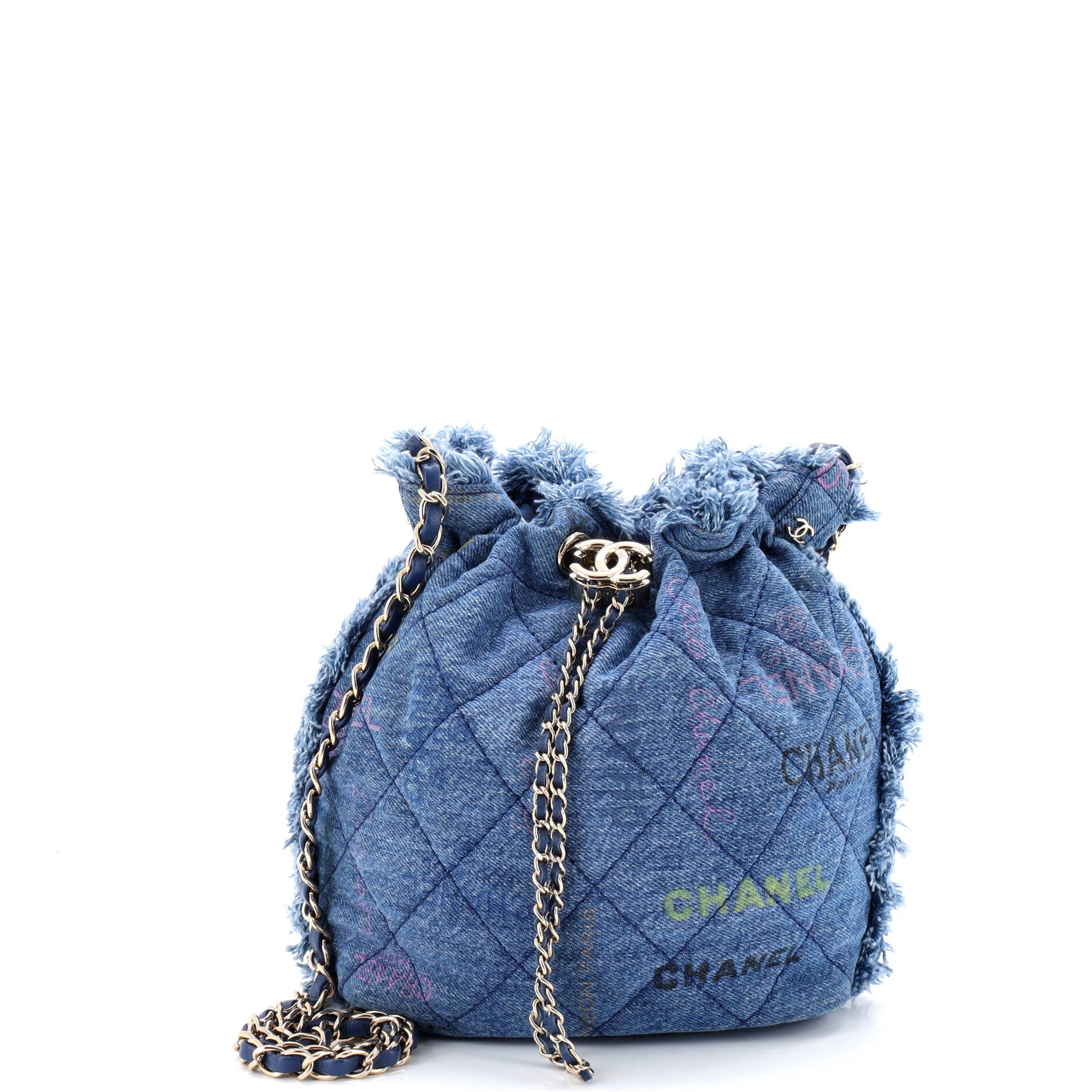 Denim Mood Chain Bucket Bag Logo Printed Quilted Fringe Denim Medium