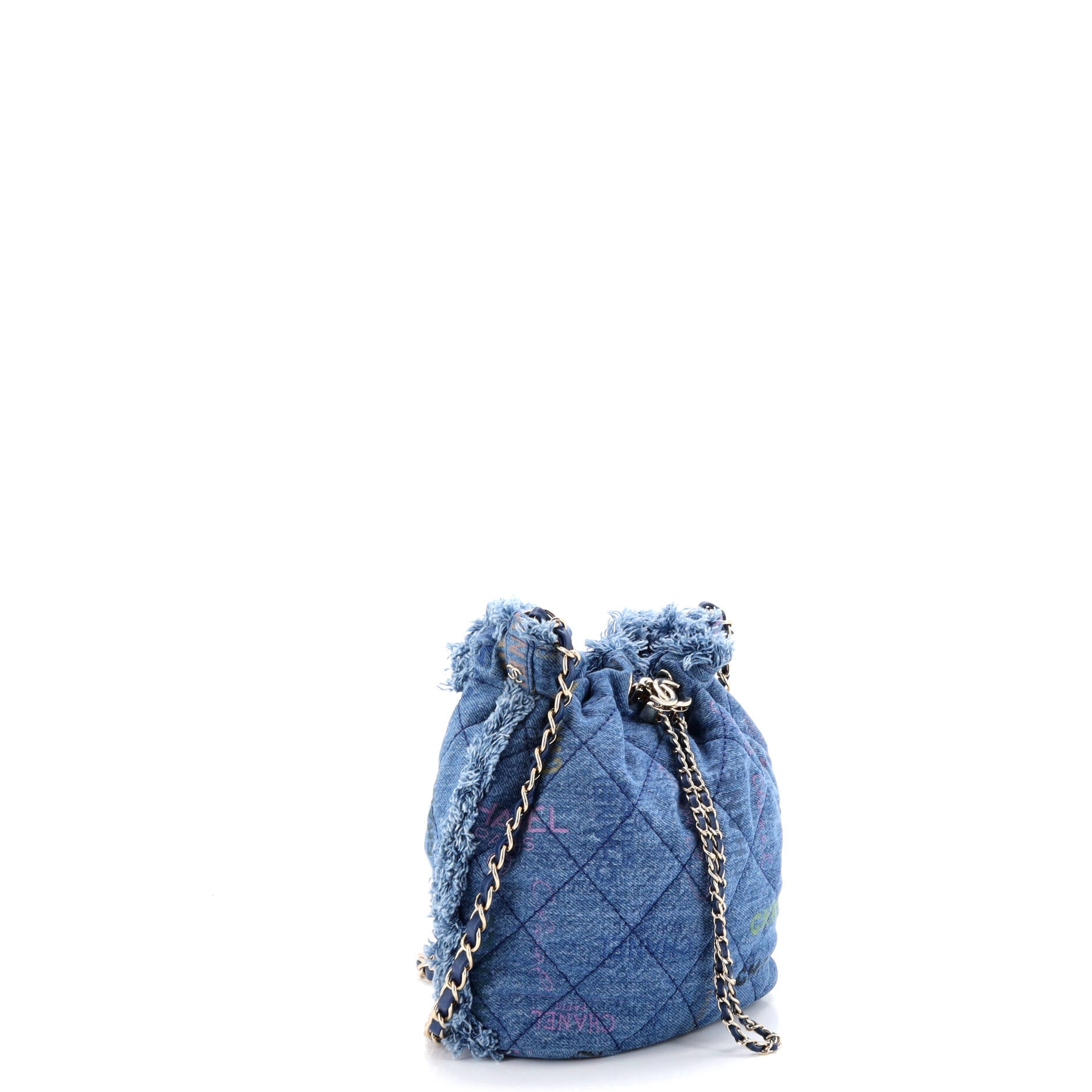 Denim Mood Chain Bucket Bag Logo Printed Quilted Fringe Denim Medium