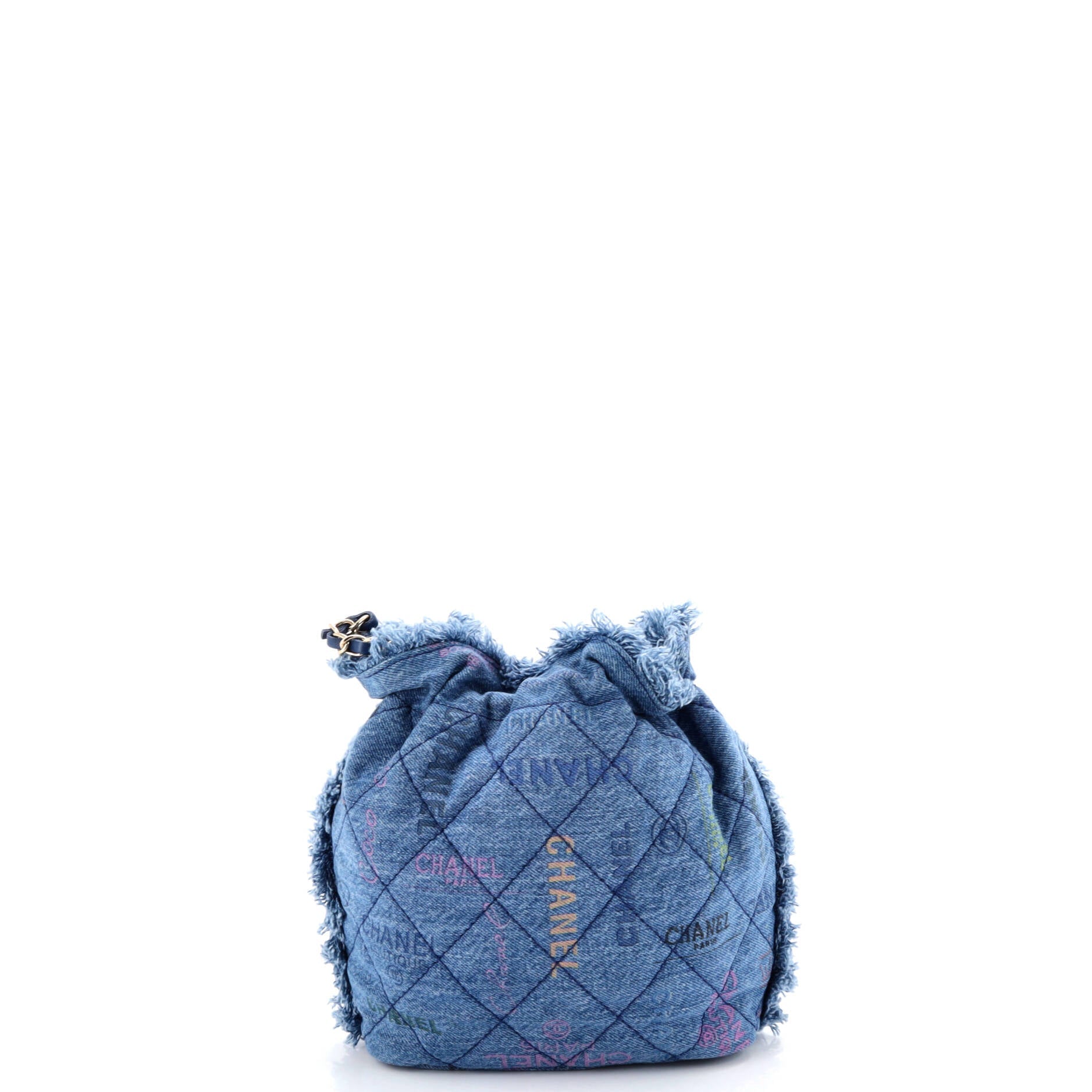 Denim Mood Chain Bucket Bag Logo Printed Quilted Fringe Denim Medium