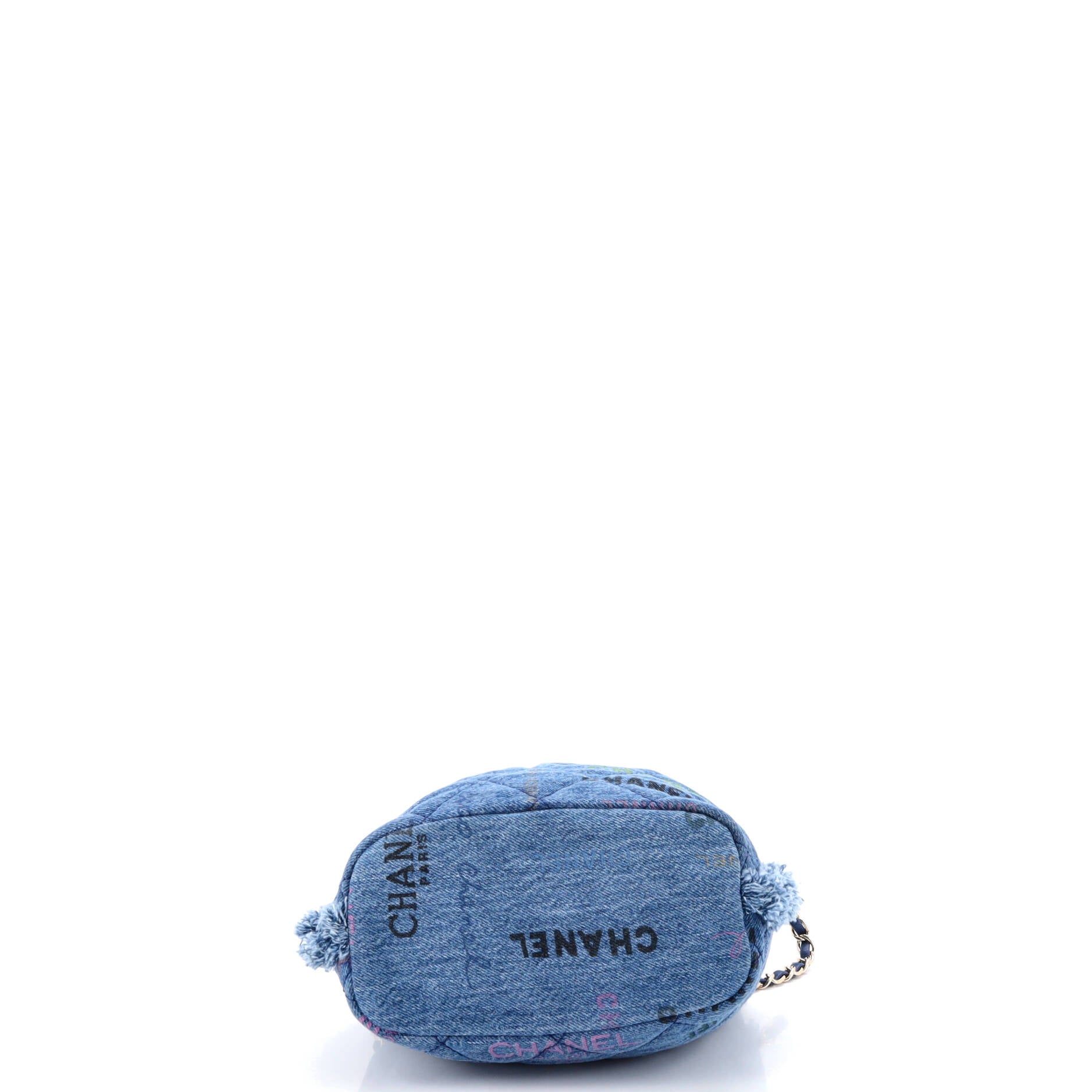 Denim Mood Chain Bucket Bag Logo Printed Quilted Fringe Denim Medium