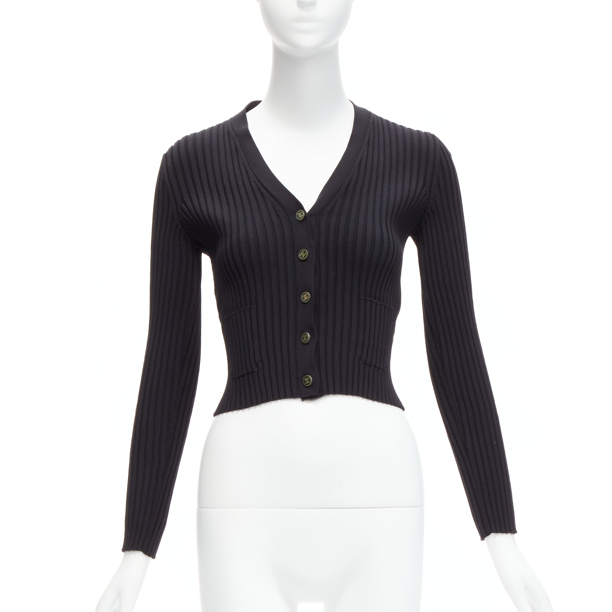 Women's Chanel CC logo button ribbed cropped cardigan