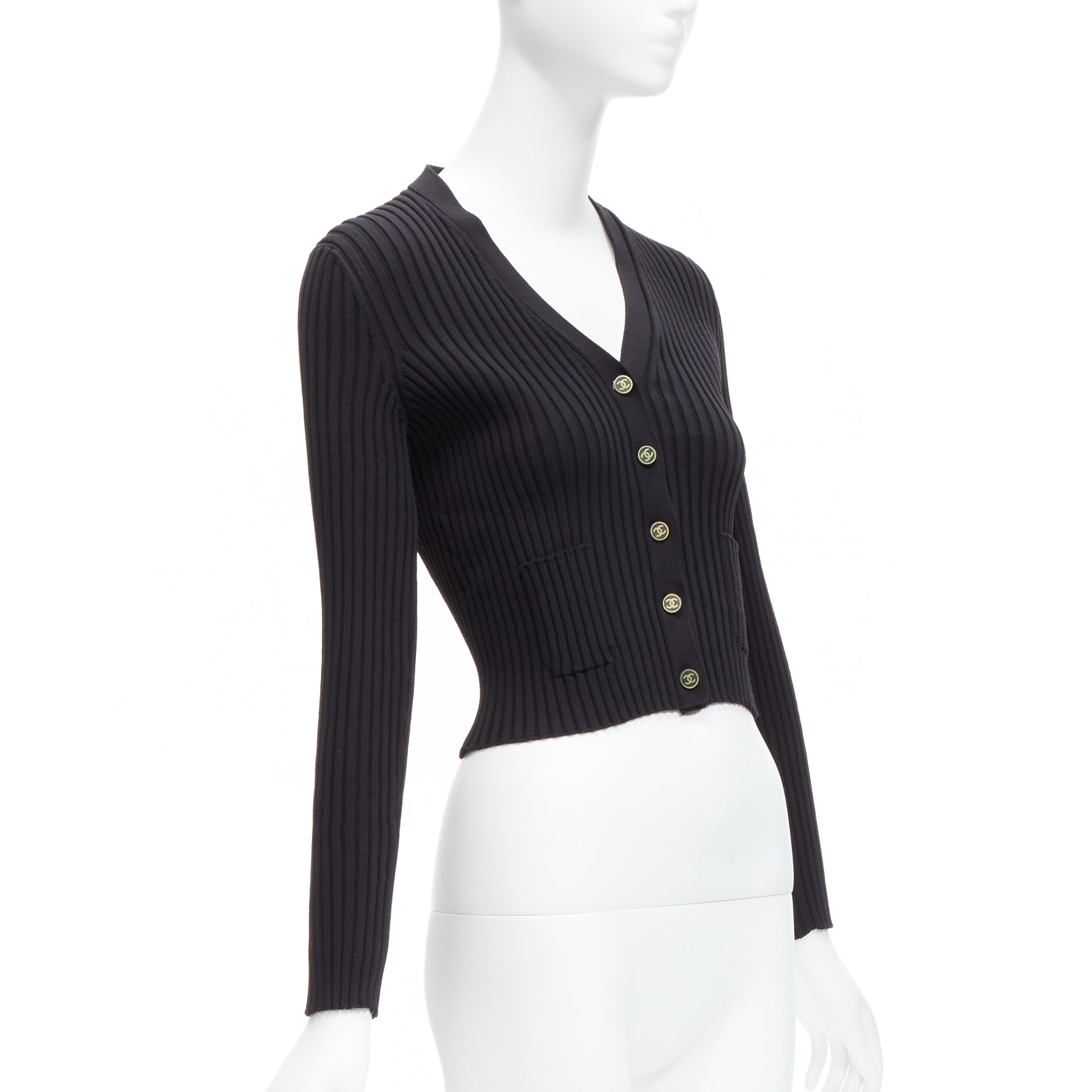 Women's Chanel CC logo button ribbed cropped cardigan