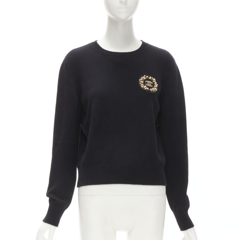 Women's Chanel cashmere blend bead pearl CC embellished badge sweater