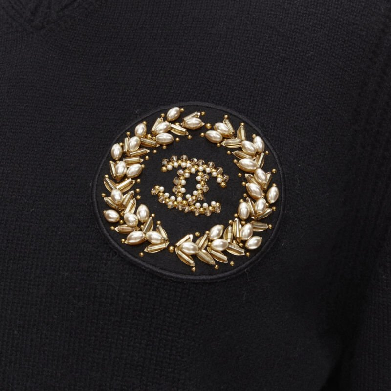 Women's Chanel cashmere blend bead pearl CC embellished badge sweater