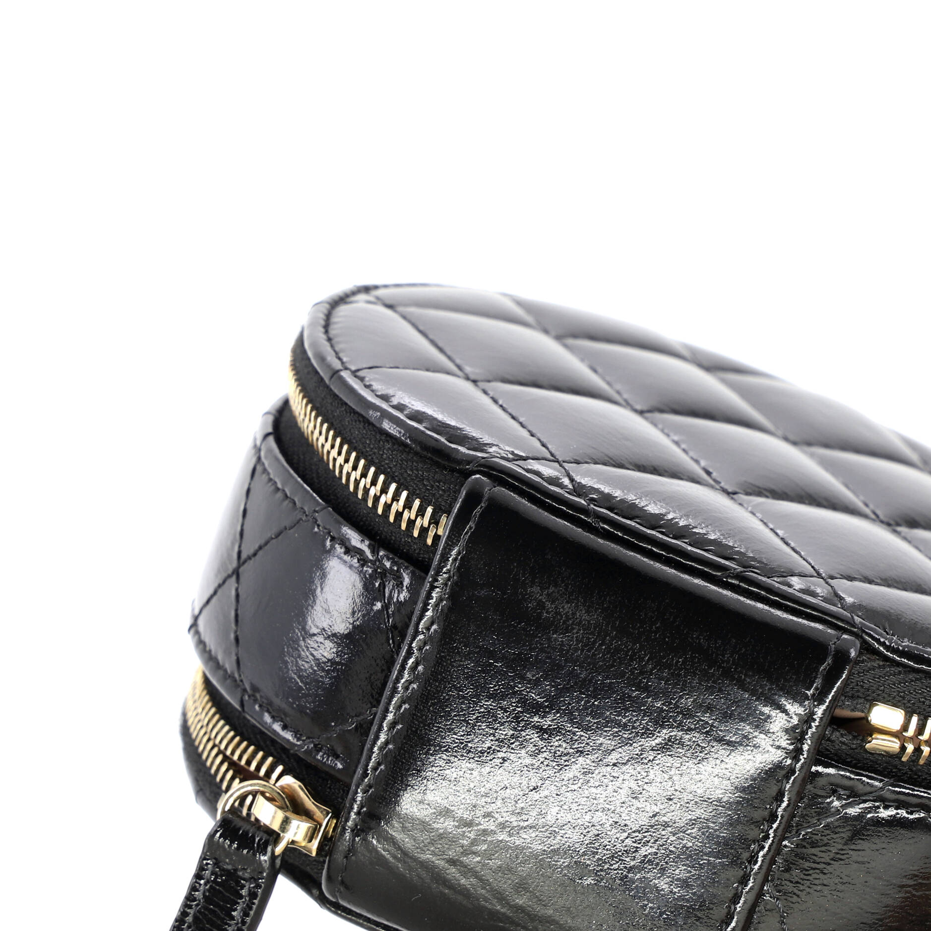 Handle with Care Round Vanity Case with Chain Quilted Lambskin Small