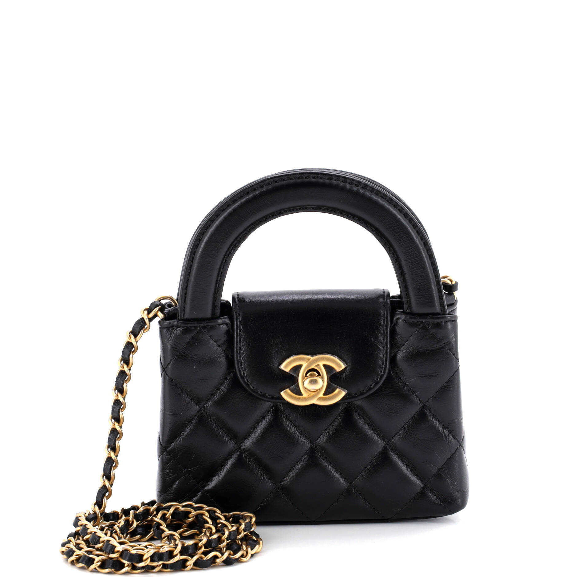 Kelly Top Handle Shopping Bag Quilted Shiny Aged Calfskin Nano