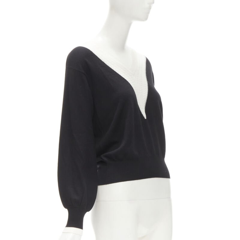 Women's Chanel wool cable knit varsity collar CC charm sweater