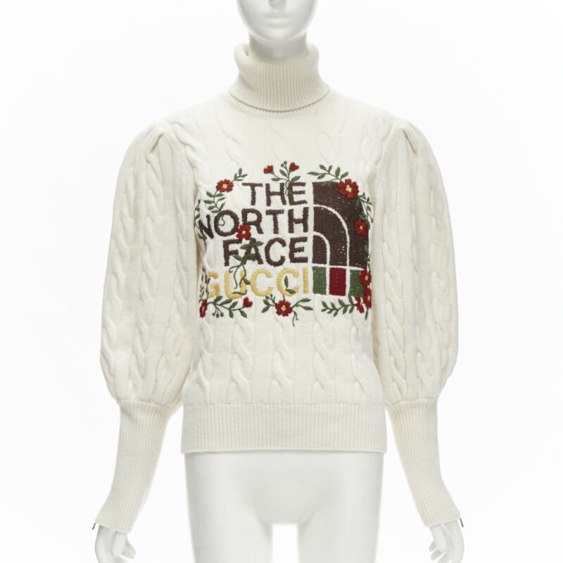 Women's Gucci The North Face wool floral logo embroidery cable knit turtleneck