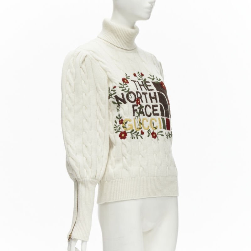 Women's Gucci The North Face wool floral logo embroidery cable knit turtleneck