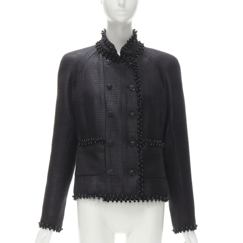 Women's Chanel lattice lacquer tweed bead embellished Lion button jacket