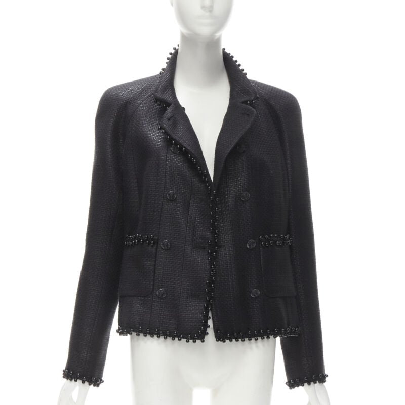 Women's Chanel lattice lacquer tweed bead embellished Lion button jacket