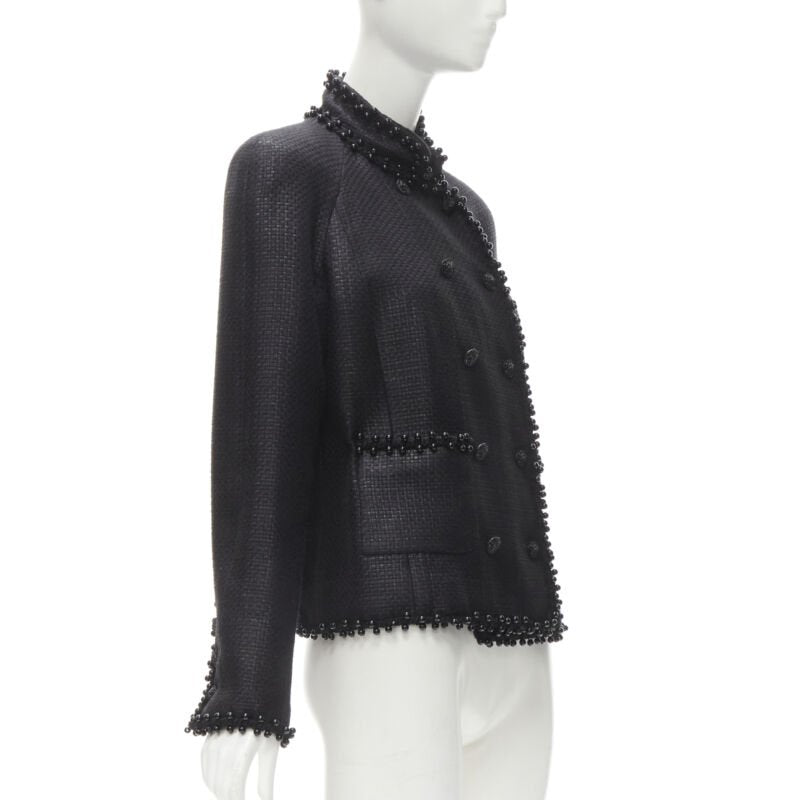 Women's Chanel lattice lacquer tweed bead embellished Lion button jacket