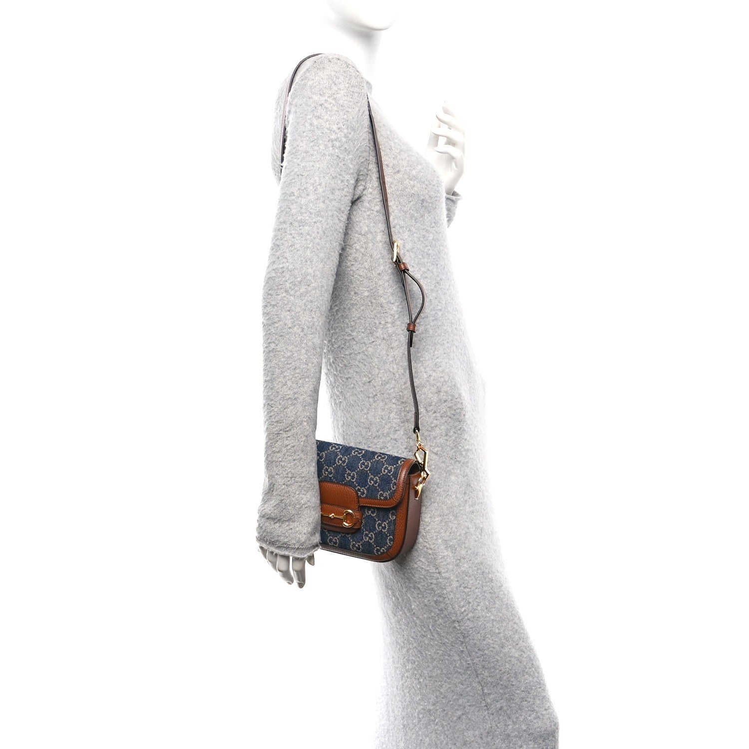 New Denim GG Monogram Dollar Calfskin Web Mini Horsebit 1955 Shoulder Bag Blue Tea Cuir Epilog