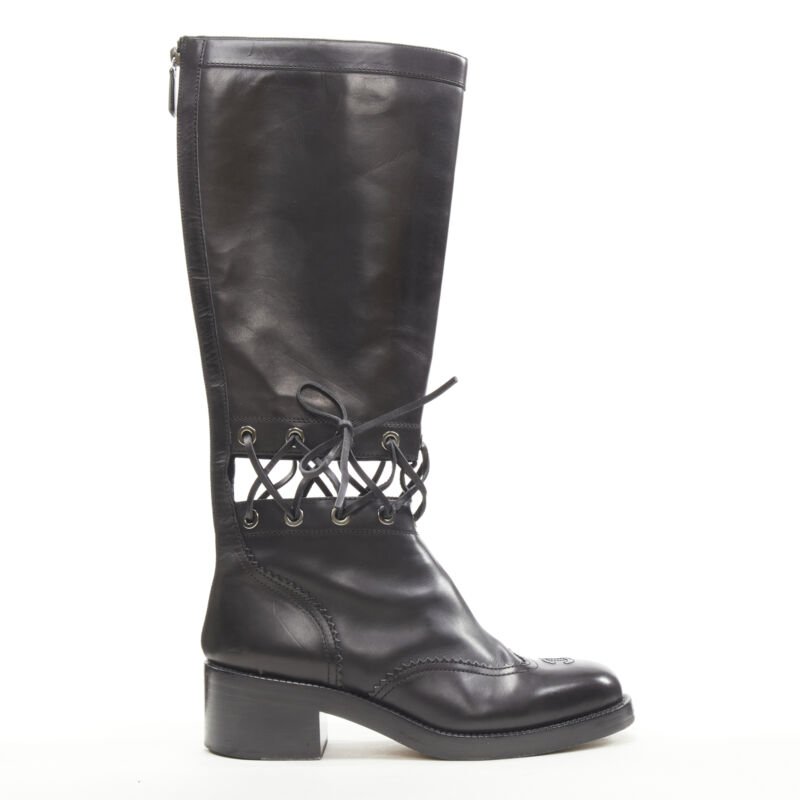 Women's Chanel calfskin cross stitch cut out CC toe cap block heel boot