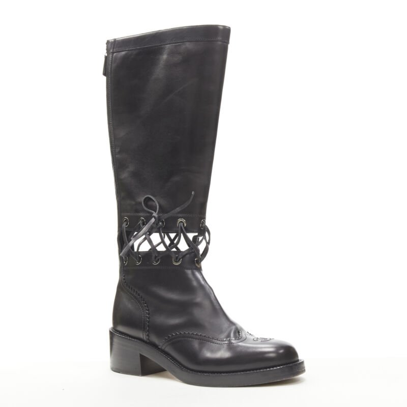 Women's Chanel calfskin cross stitch cut out CC toe cap block heel boot