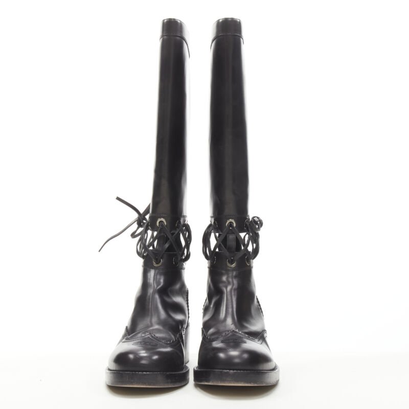 Women's Chanel calfskin cross stitch cut out CC toe cap block heel boot