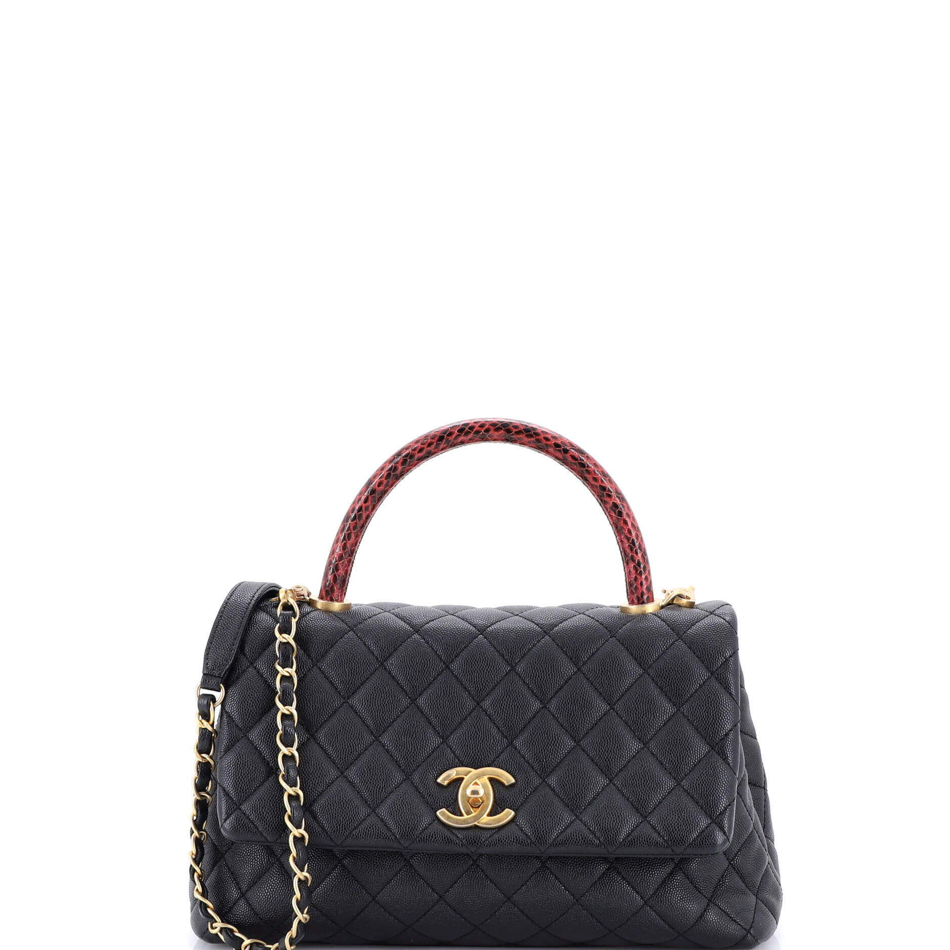 Coco Top Handle Bag Quilted Caviar with Snakeskin Small