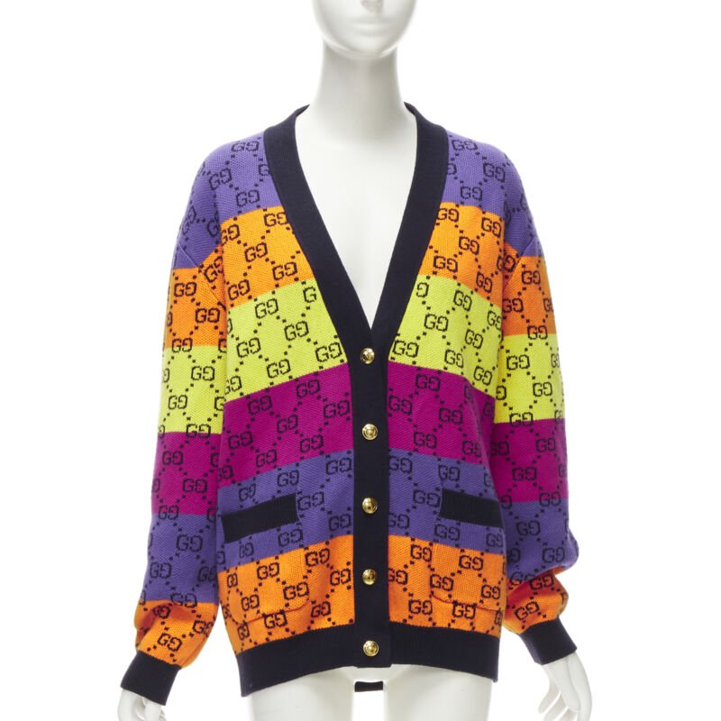 Women's Gucci wool cotton colorblocked GG monogram gld button overd cardigan