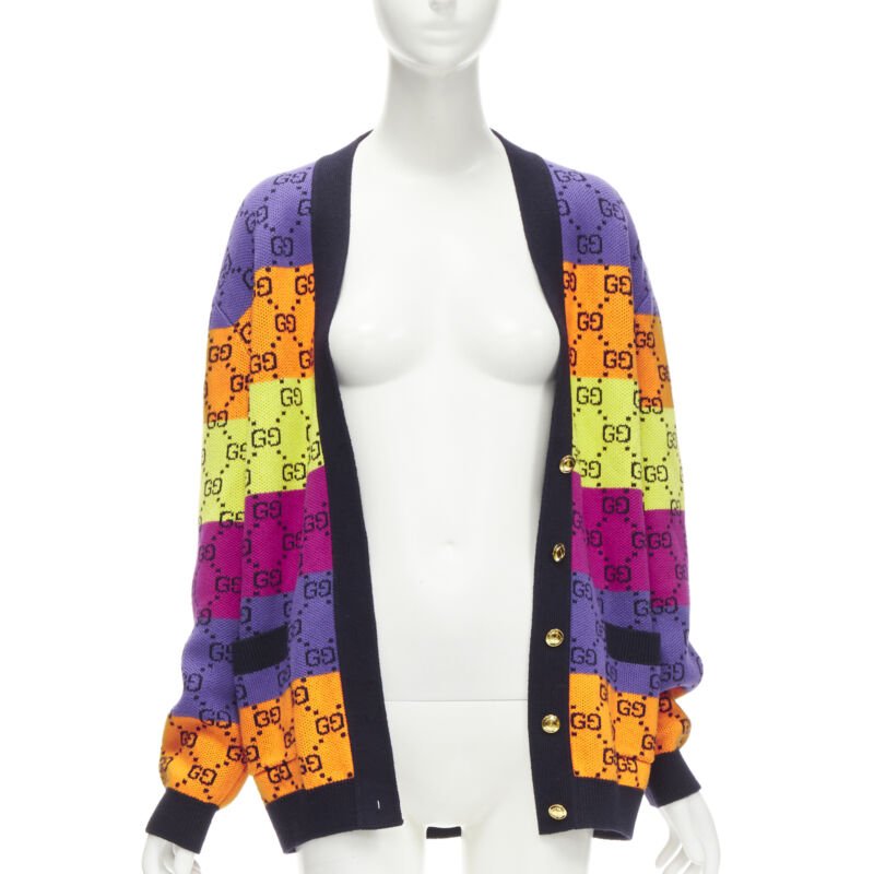 Women's Gucci wool cotton colorblocked GG monogram gld button overd cardigan