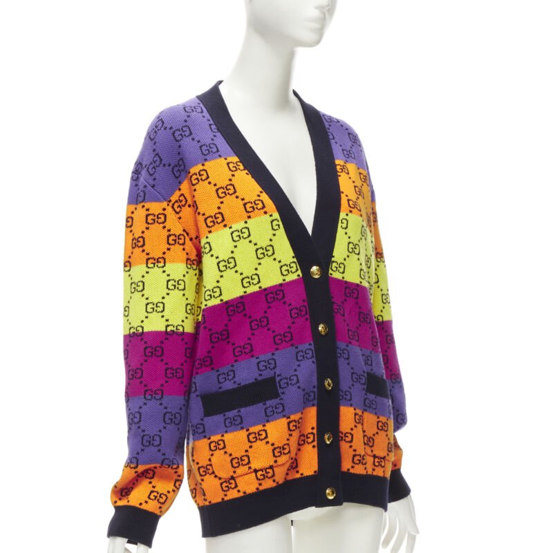 Women's Gucci wool cotton colorblocked GG monogram gld button overd cardigan
