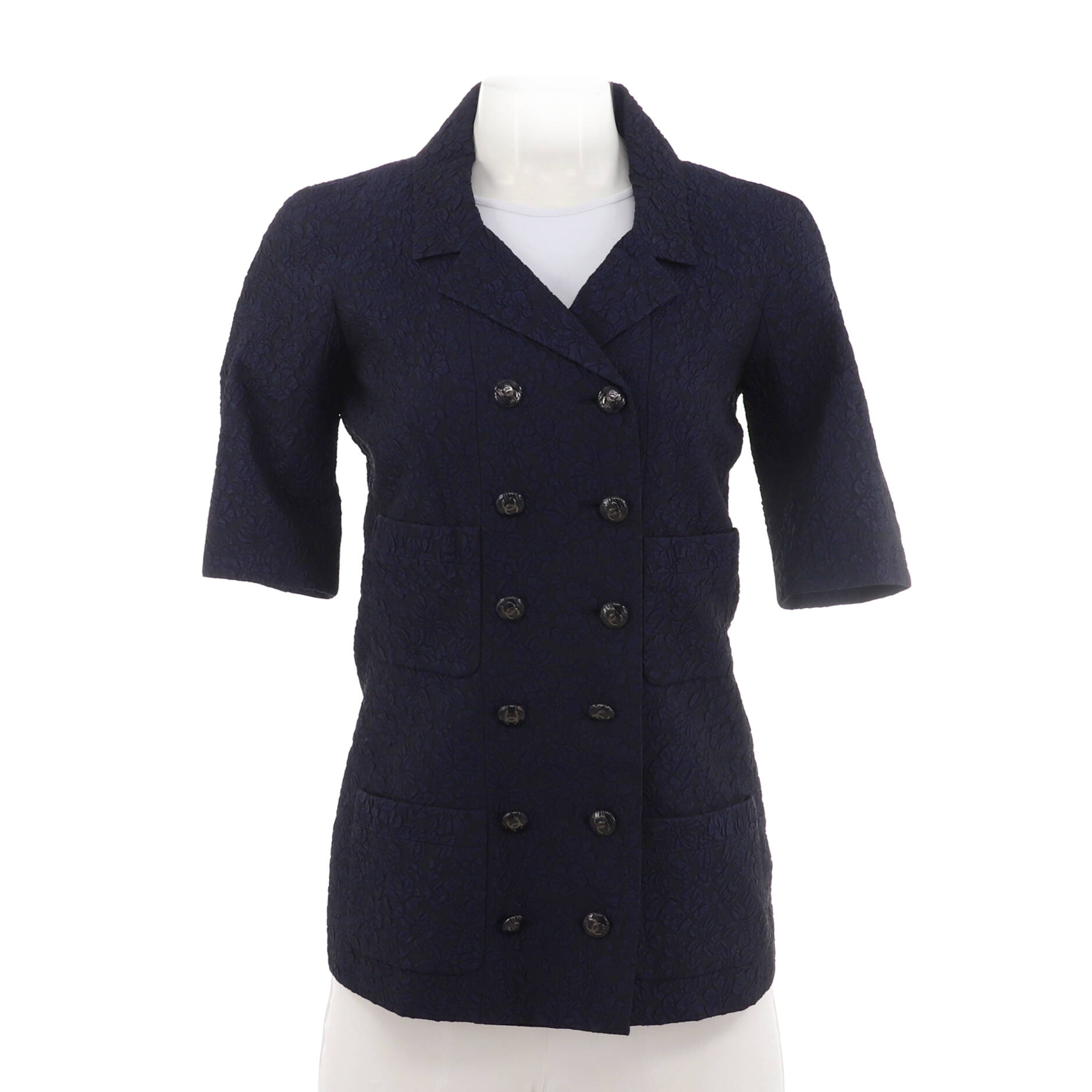 Women's Floral Print Double Breasted Cropped Sleeve Jacket Silk Blend