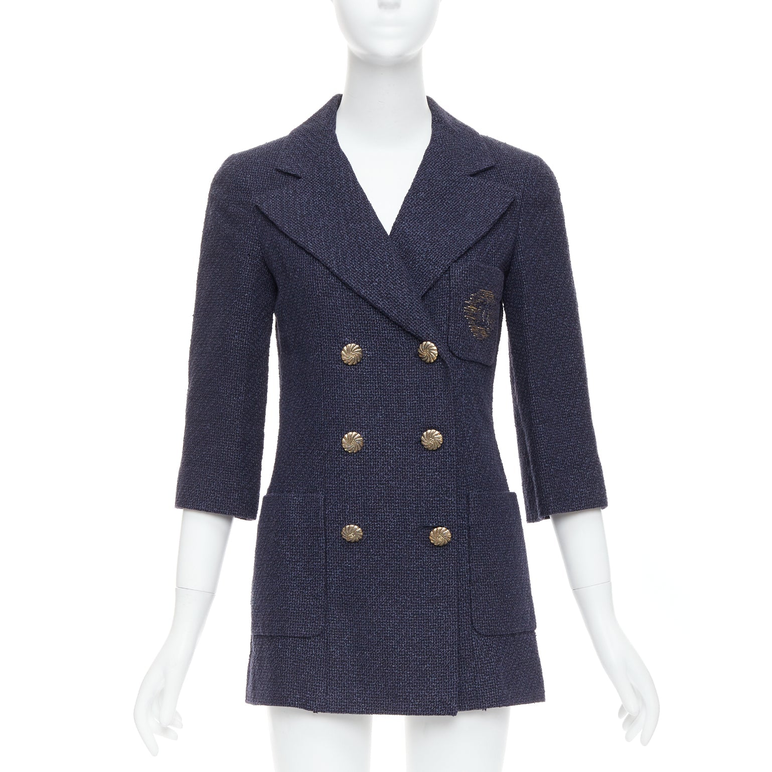 Women's Chanel tweed CC pocket double breast schoolboy jacket