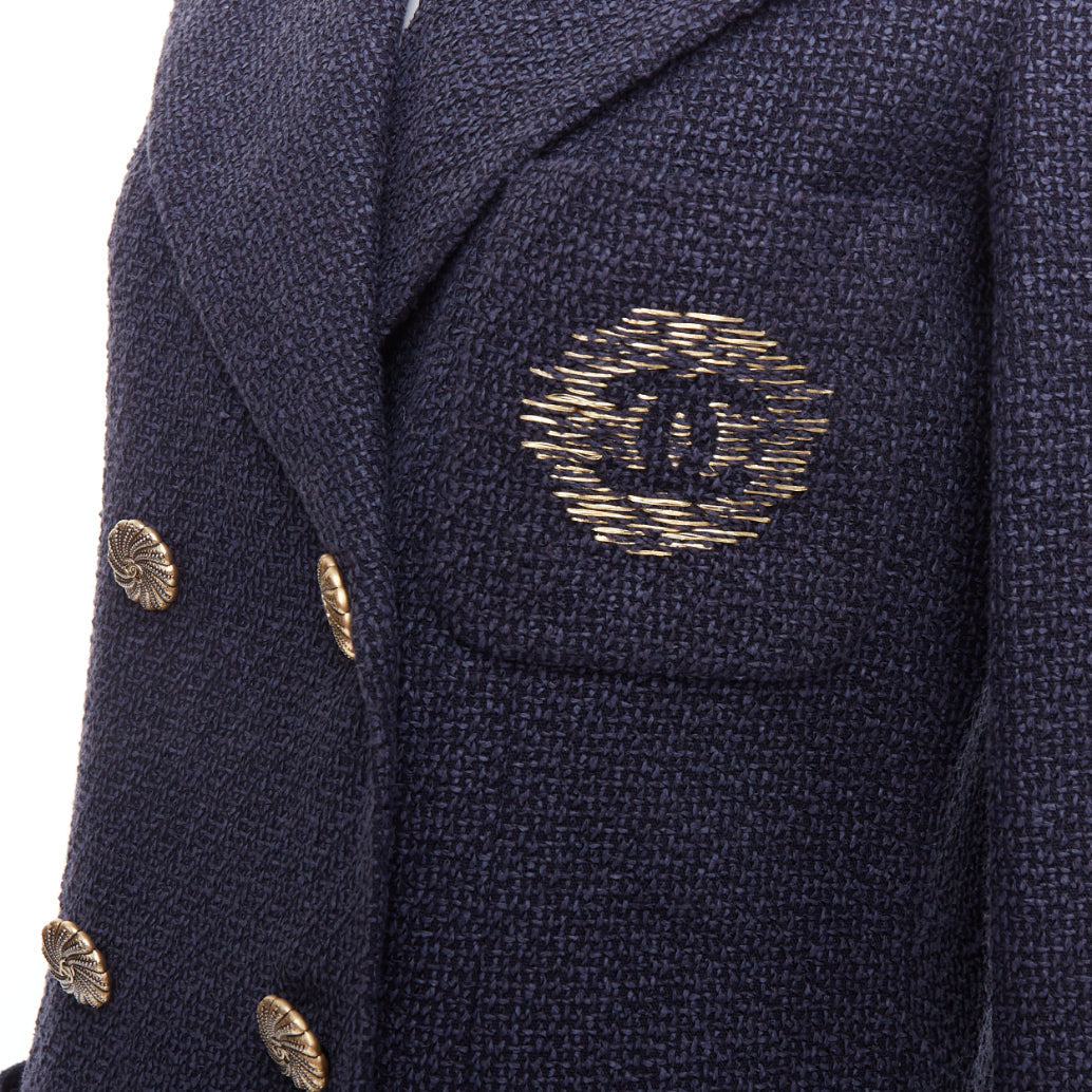 Women's Chanel tweed CC pocket double breast schoolboy jacket