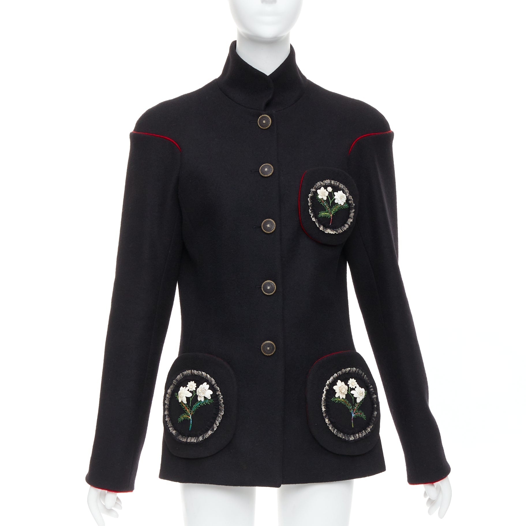 Women's Chanel Edelweiss flower embroidery circle pocket wool coat