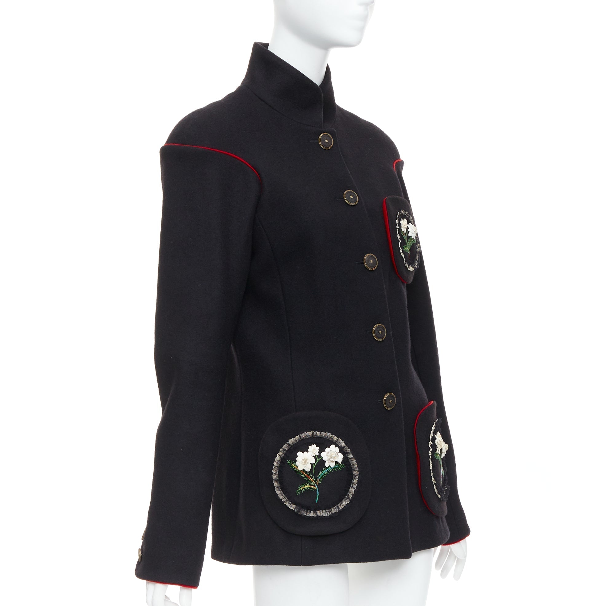 Women's Chanel Edelweiss flower embroidery circle pocket wool coat