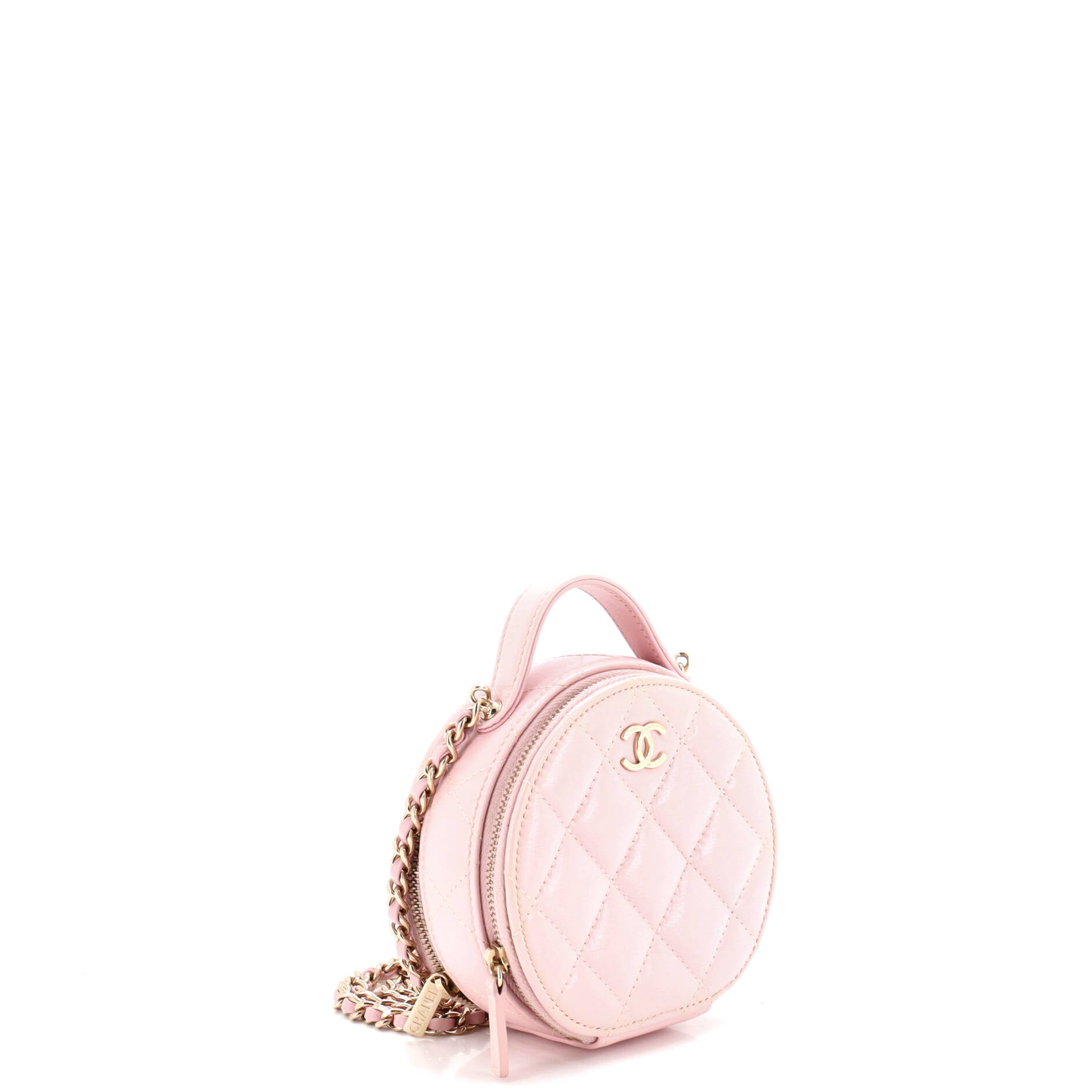 Handle with Care Round Vanity Case with Chain Quilted Lambskin Small