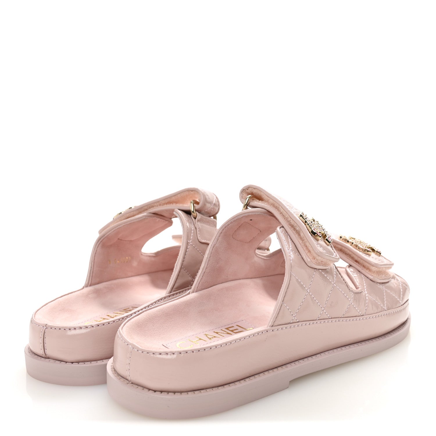 Shiny Calfskin Quilted Velcro Dad Crystal CC Slide Sandals 37 Light Pink
