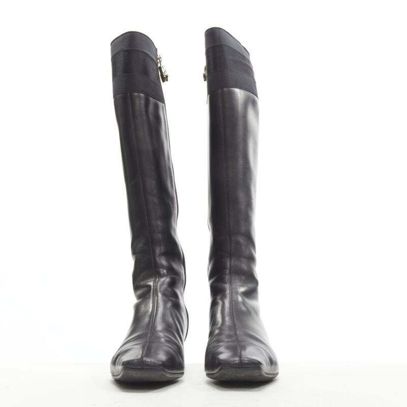 Women's Gucci web trim leather bamboo charm zip riding boots
