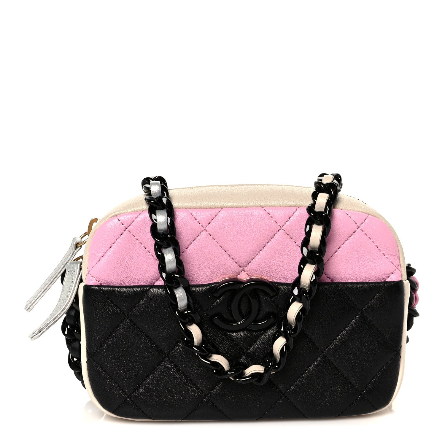 Shiny Lambskin Monochrome Chain Mini Camera Case Bag Pink Black Silver