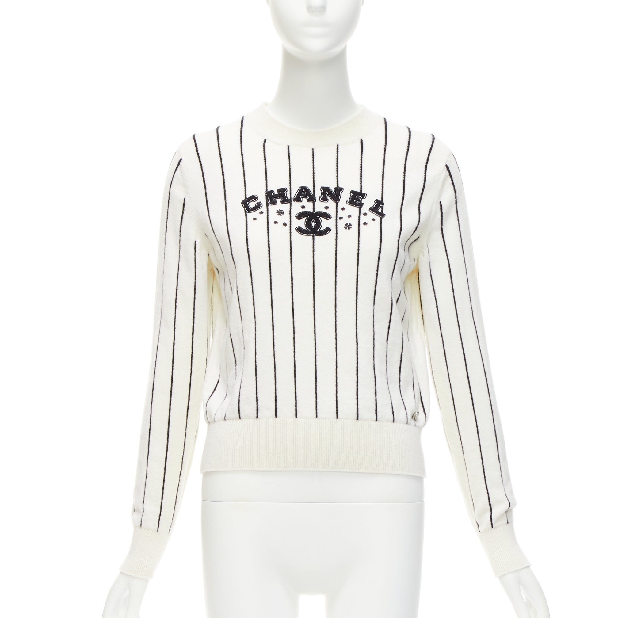 Women's Chanel cashmere striped logo varsity sweater top