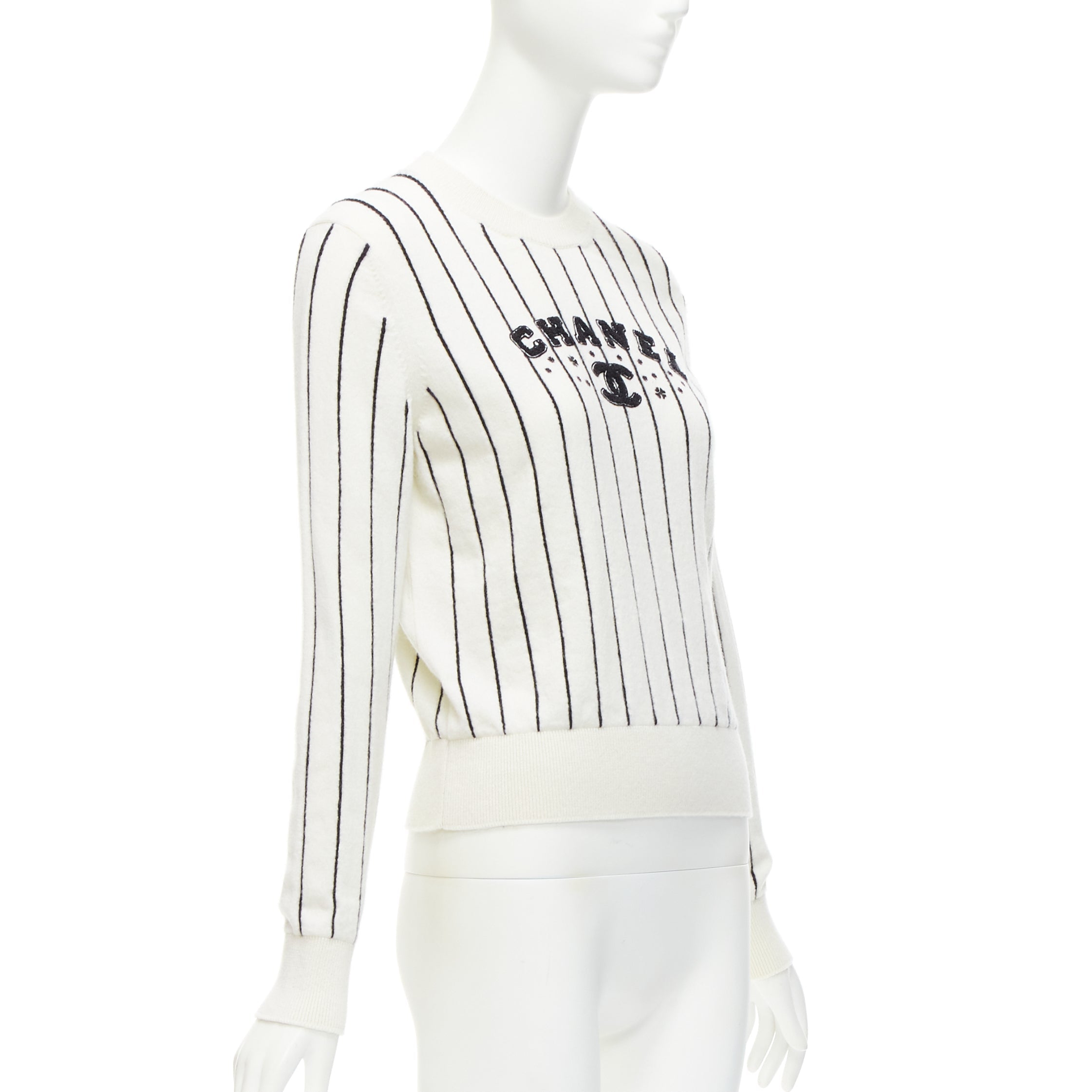 Women's Chanel cashmere striped logo varsity sweater top