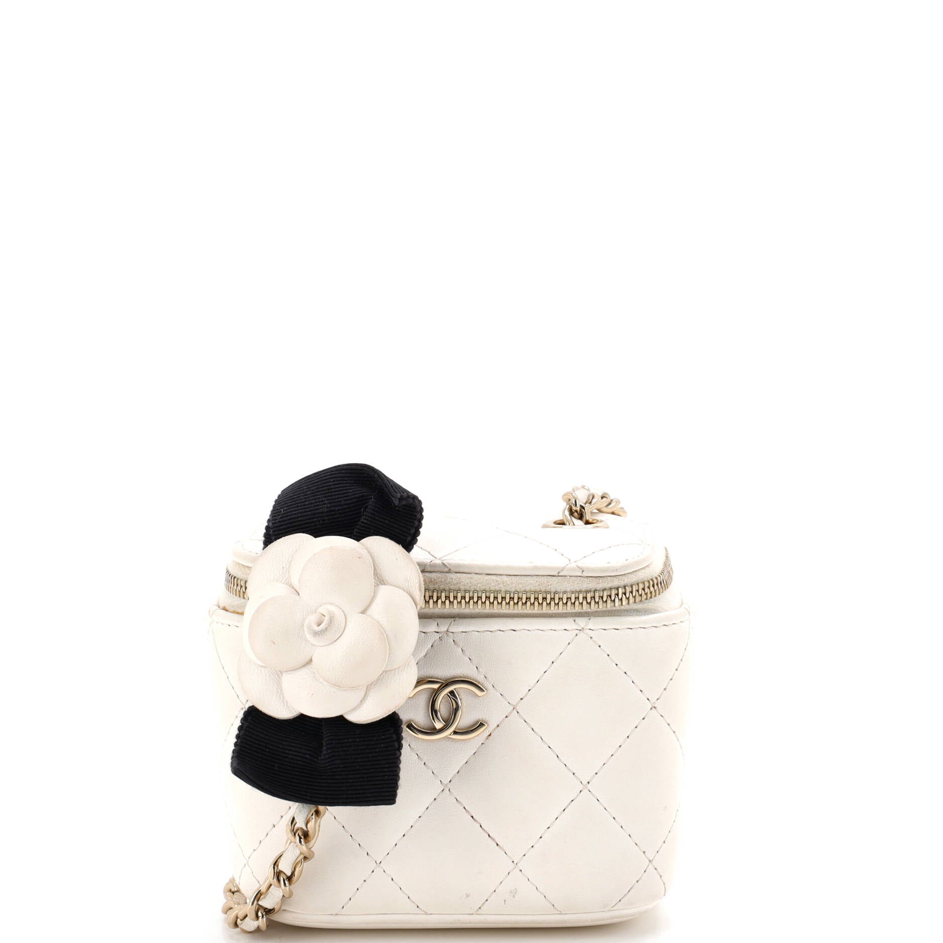 Camellia Bow Vanity Case with Chain Quilted Lambskin Mini