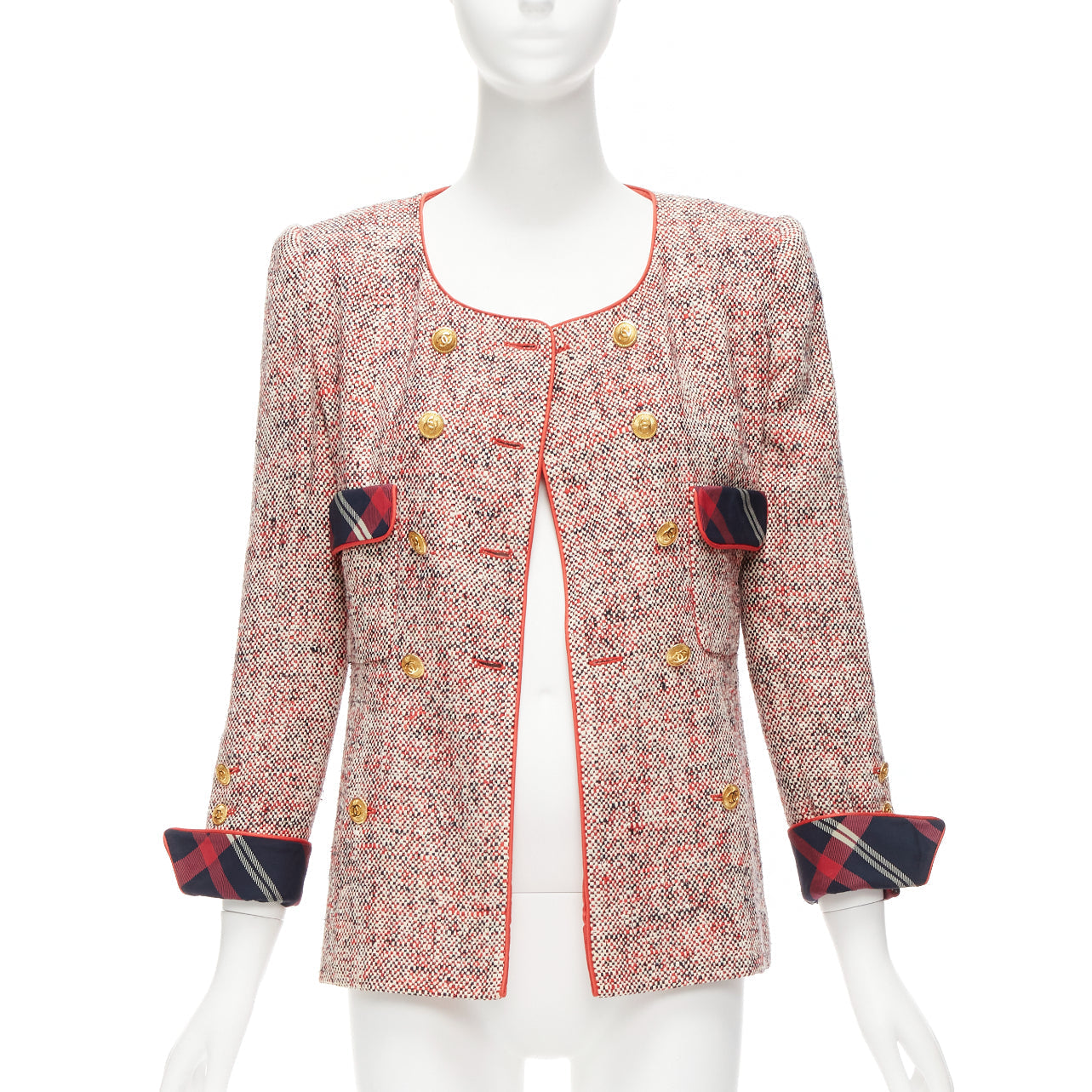 Women's Chanel Red Boucle Tweed Gold Button Double Breast Blazer Jacket