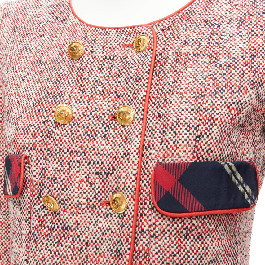 Women's Chanel Red Boucle Tweed Gold Button Double Breast Blazer Jacket