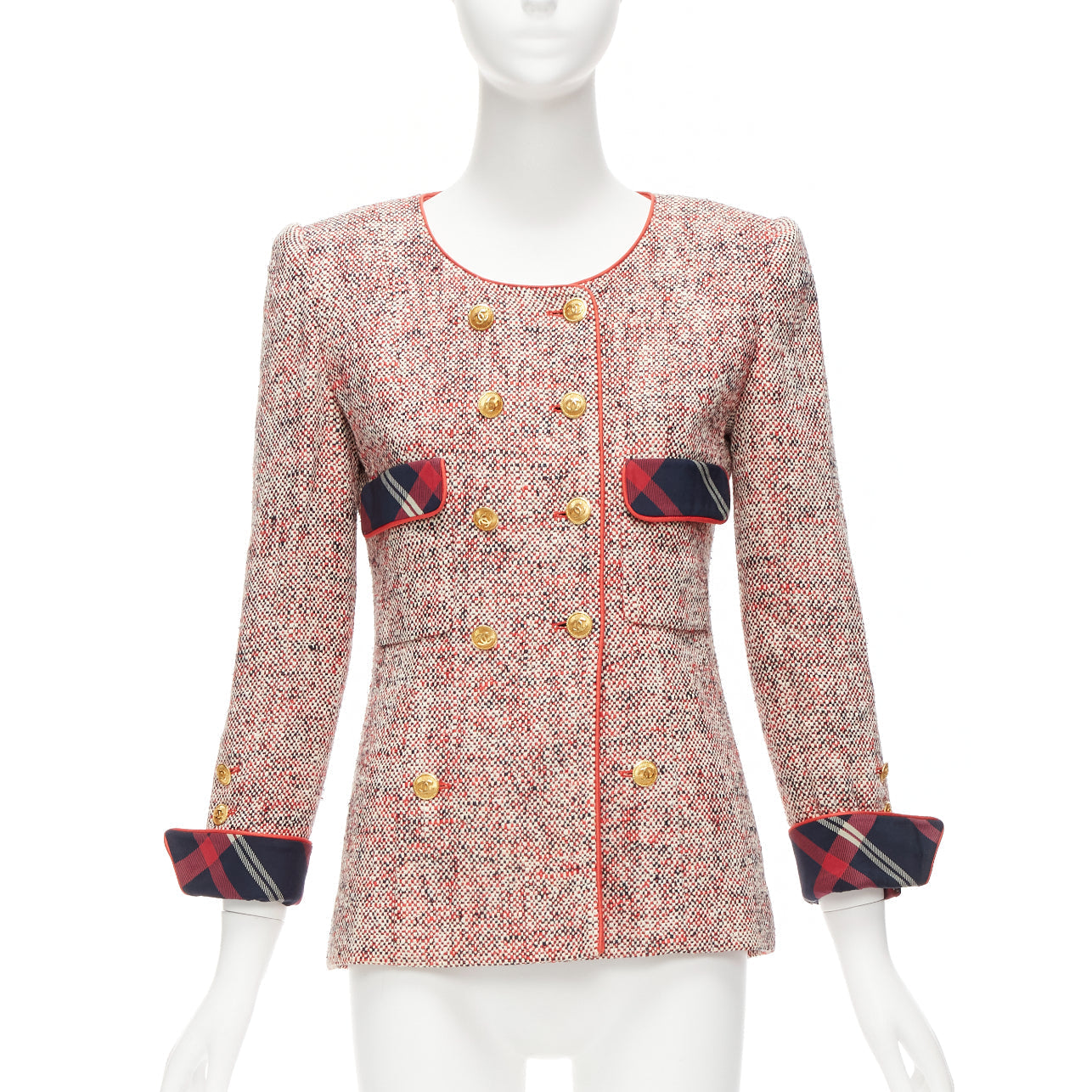 Women's Chanel Red Boucle Tweed Gold Button Double Breast Blazer Jacket