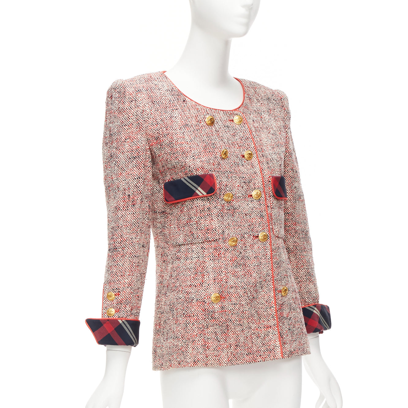 Women's Chanel Red Boucle Tweed Gold Button Double Breast Blazer Jacket