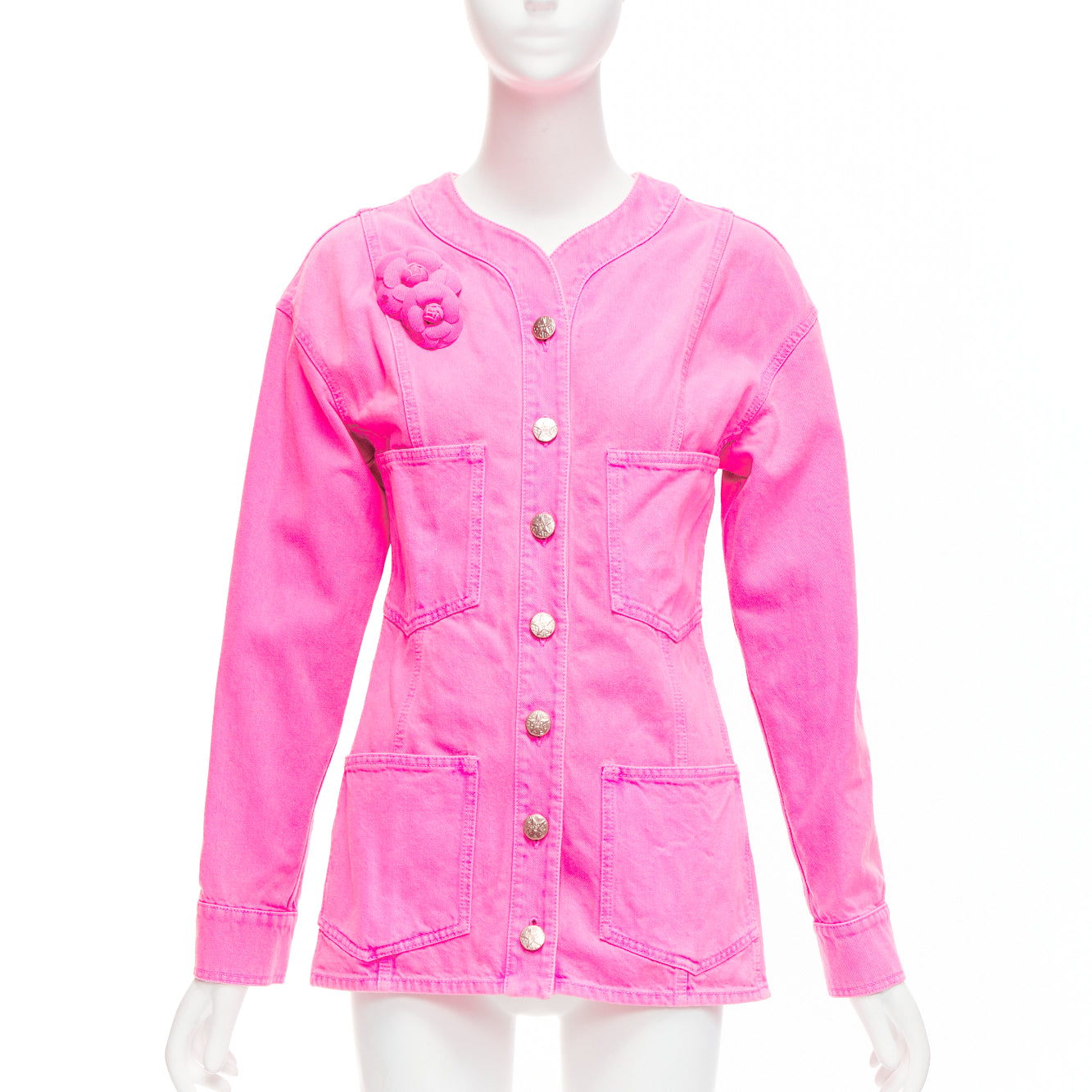 Women's Chanel Neon Pink Cotton Denim CC Logo Camellia Embellished Jacket